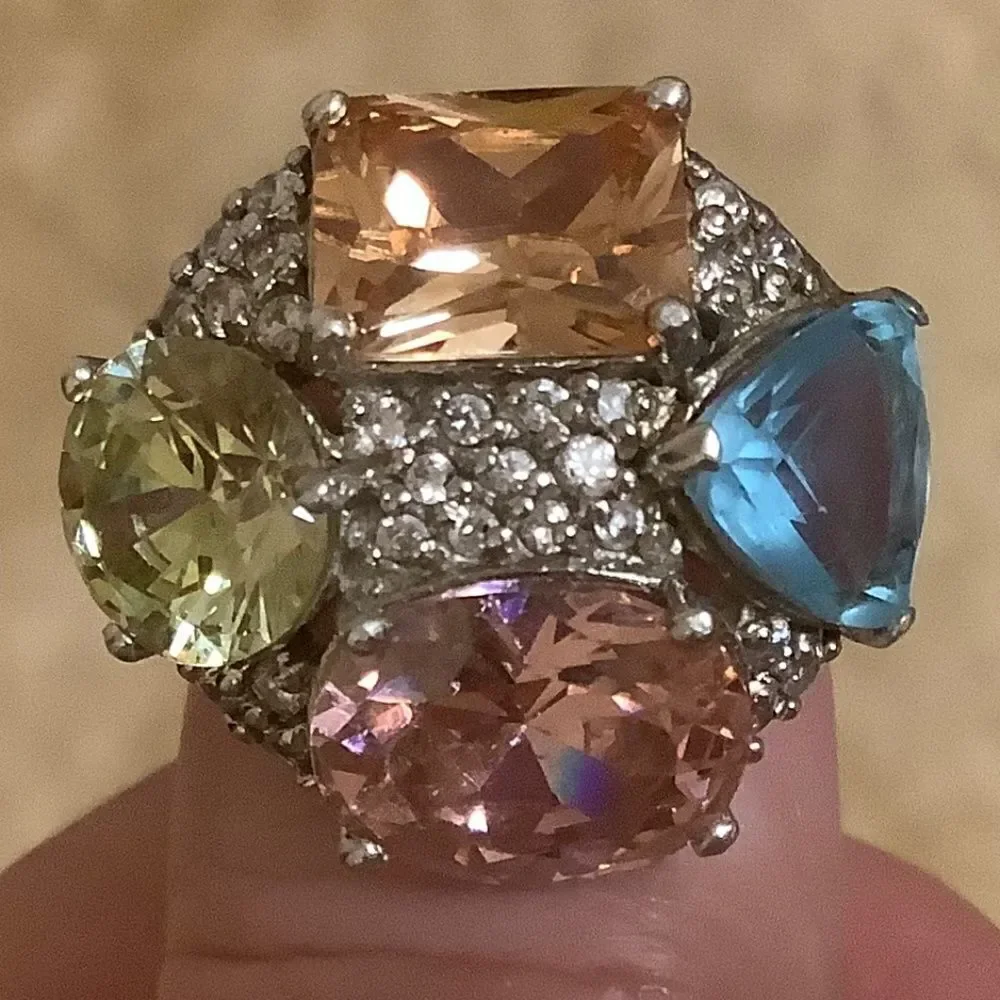 𝅺sterling SILVER MULTICOLOUR CRYSTALS WOMAN RING SIZE US 6.5​